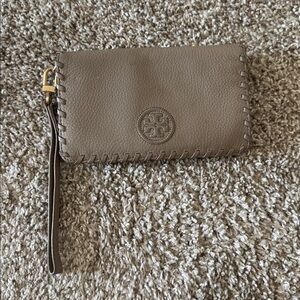 Tory Burch Brown Wristlet with Stitch Detail
